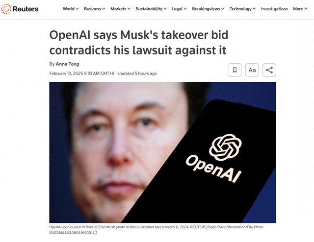 OpenAI质疑马斯克收购要约与诉讼主张矛盾