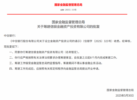 中信银行获批筹建信银金融资产投资有限公司
